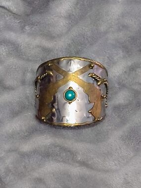Crossed Pistol Gun and Turquoise Hammered Cuff Brass Bracelet